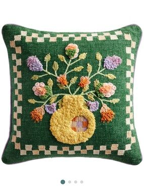 NWT Kelly Green Embroidered Flower Vase 16” Square Throw Pillow